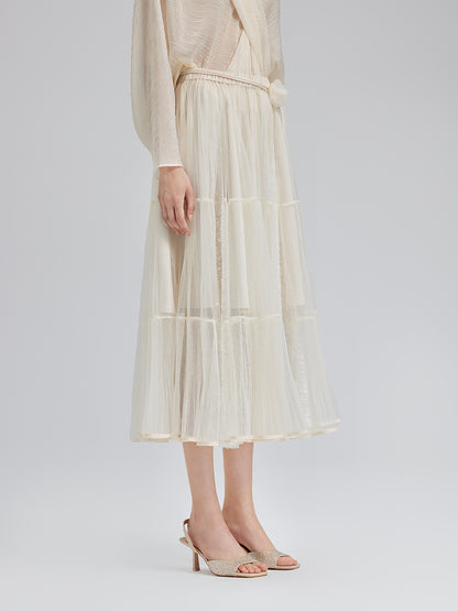 Pleated Mesh Elastic Waist Skirt