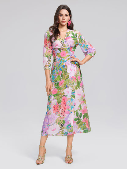 100% Silk Artistic Print V-neck Wrap Dress