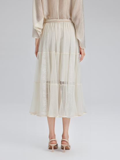 Pleated Mesh Elastic Waist Skirt