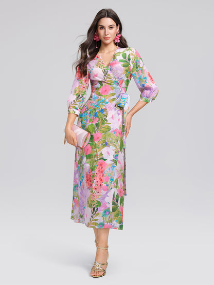 100% Silk Artistic Print V-neck Wrap Dress