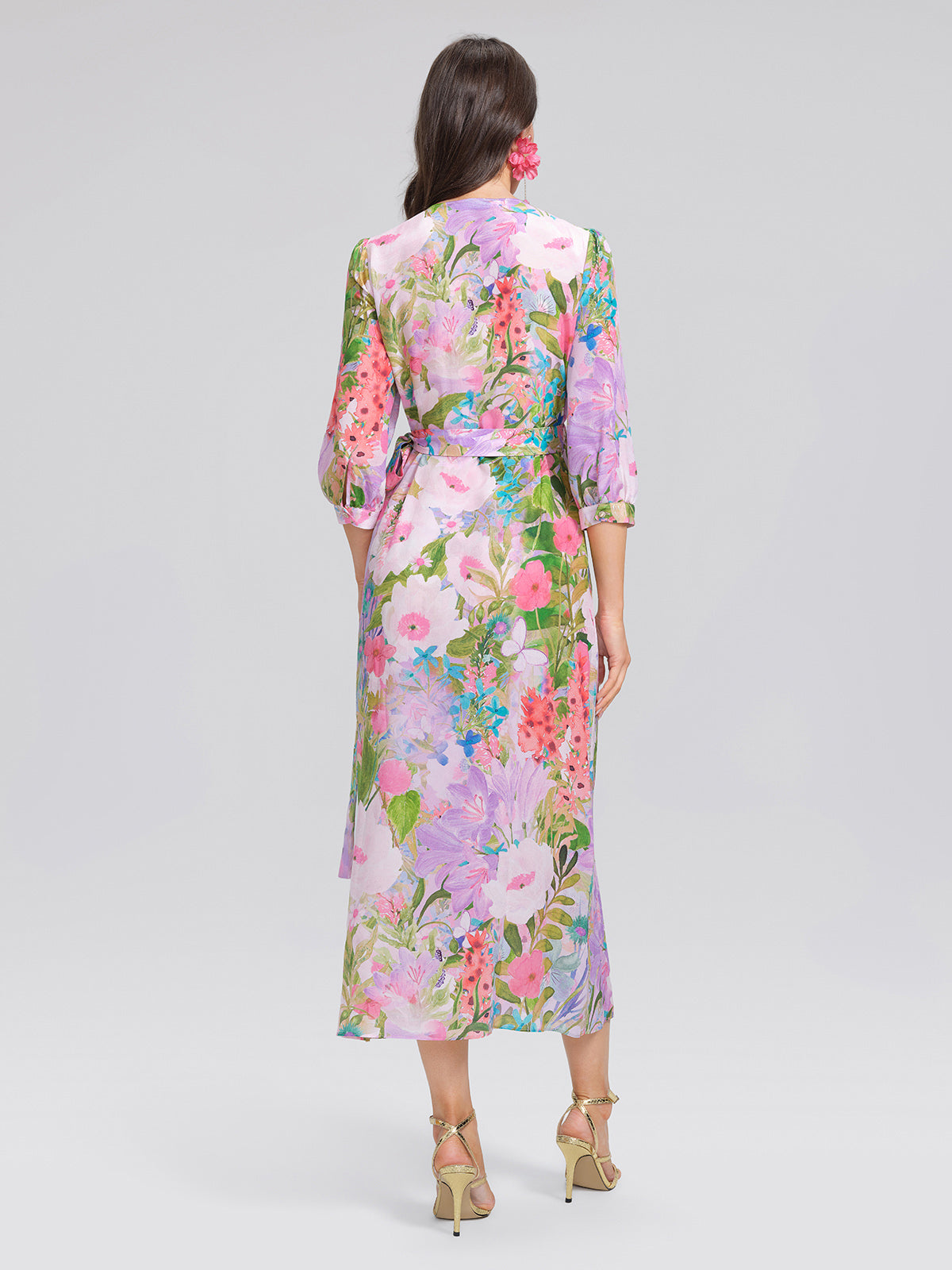 100% Silk Artistic Print V-neck Wrap Dress