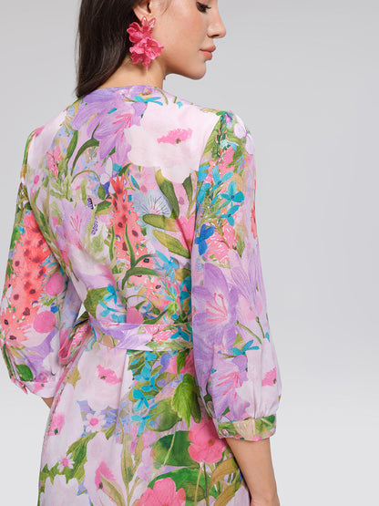 100% Silk Artistic Print V-neck Wrap Dress