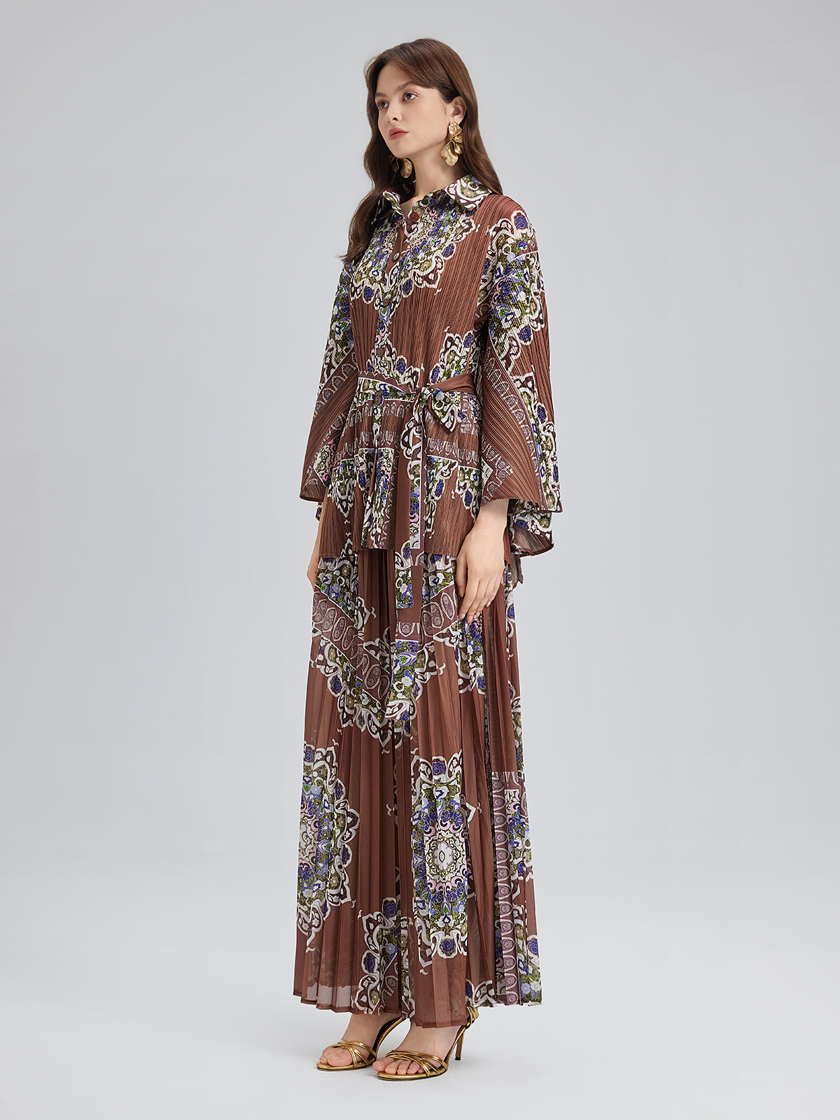 Pleated Print Top & Wide-Leg Pants Set