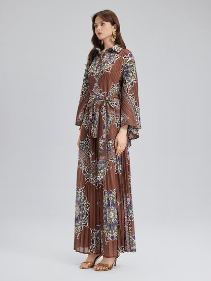 Pleated Print Top & Wide-Leg Pants Set
