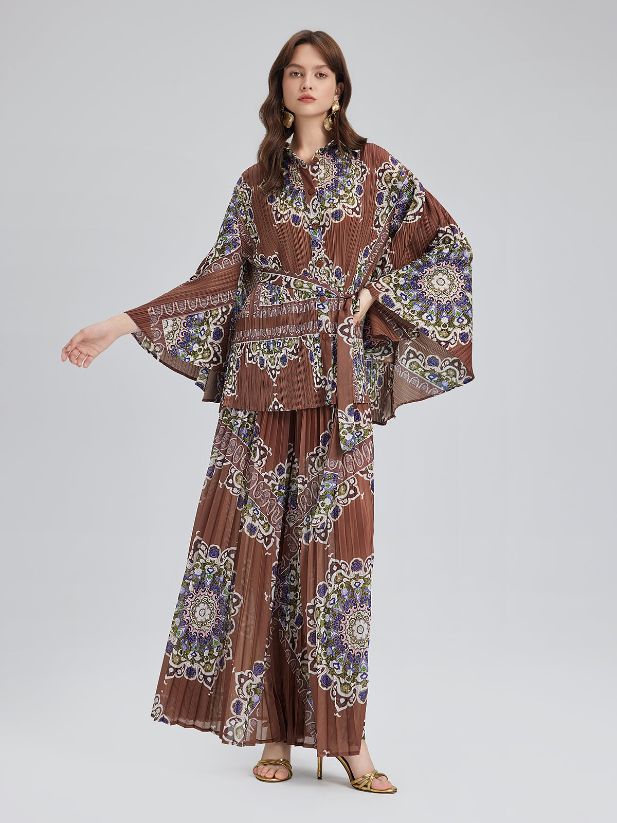 Pleated Print Top & Wide-Leg Pants Set