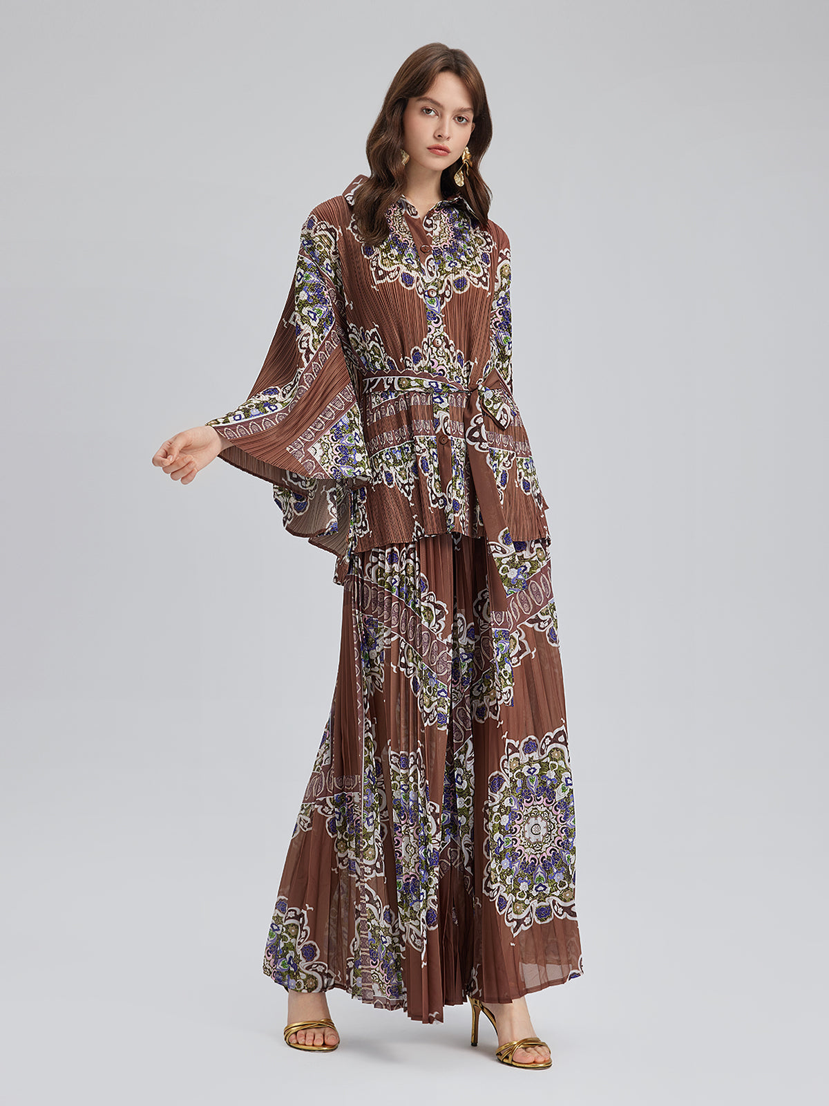 Pleated Print Top & Wide-Leg Pants Set