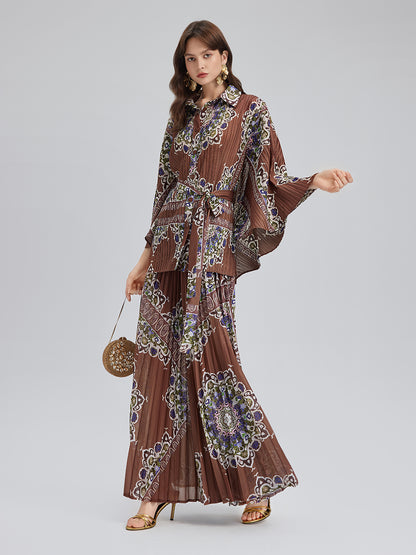 Pleated Print Top & Wide-Leg Pants Set