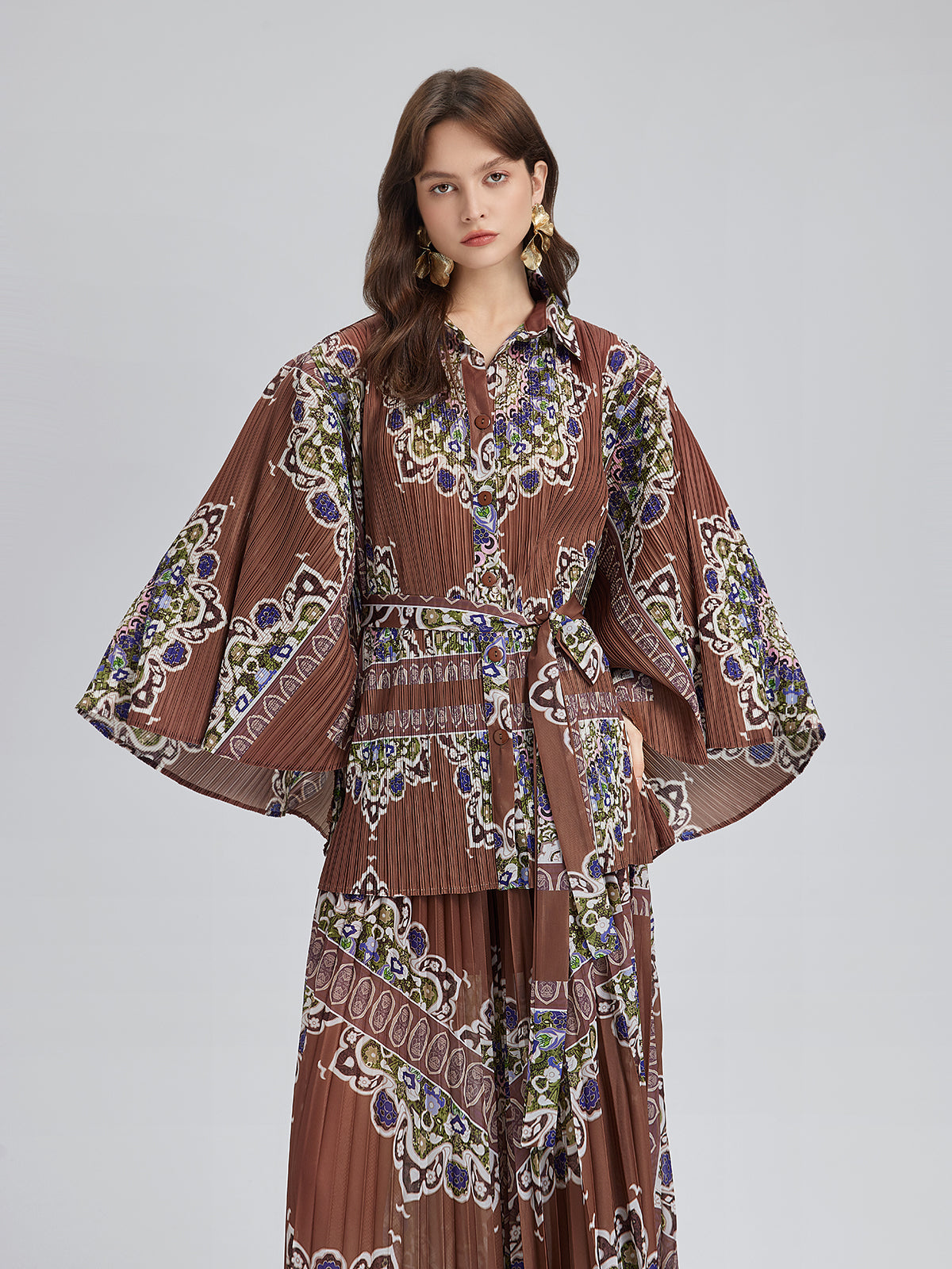 Pleated Print Top & Wide-Leg Pants Set