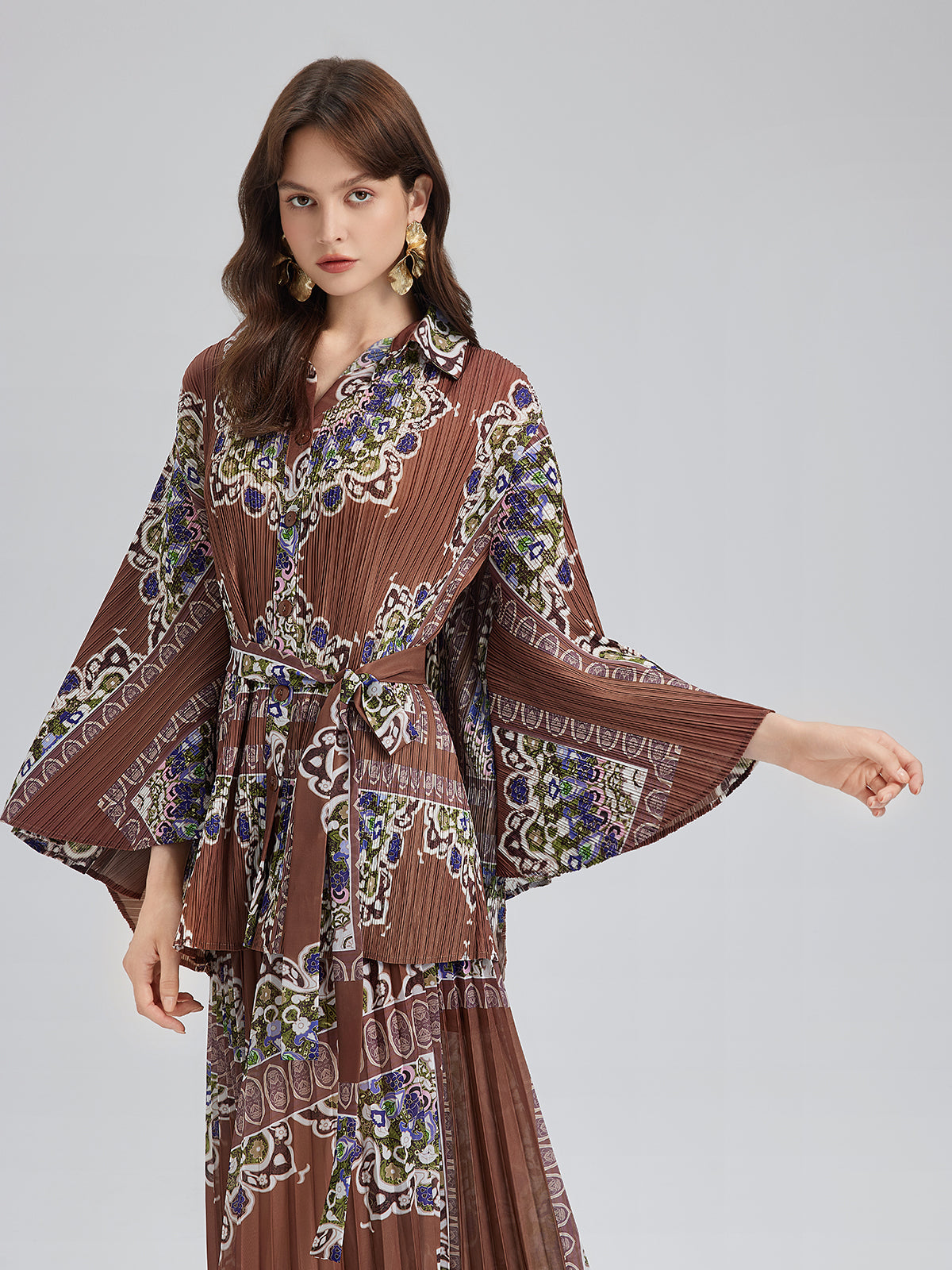 Pleated Print Top & Wide-Leg Pants Set