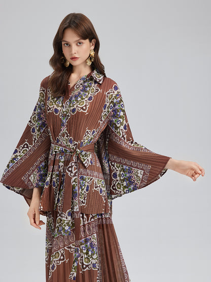 Pleated Print Top & Wide-Leg Pants Set