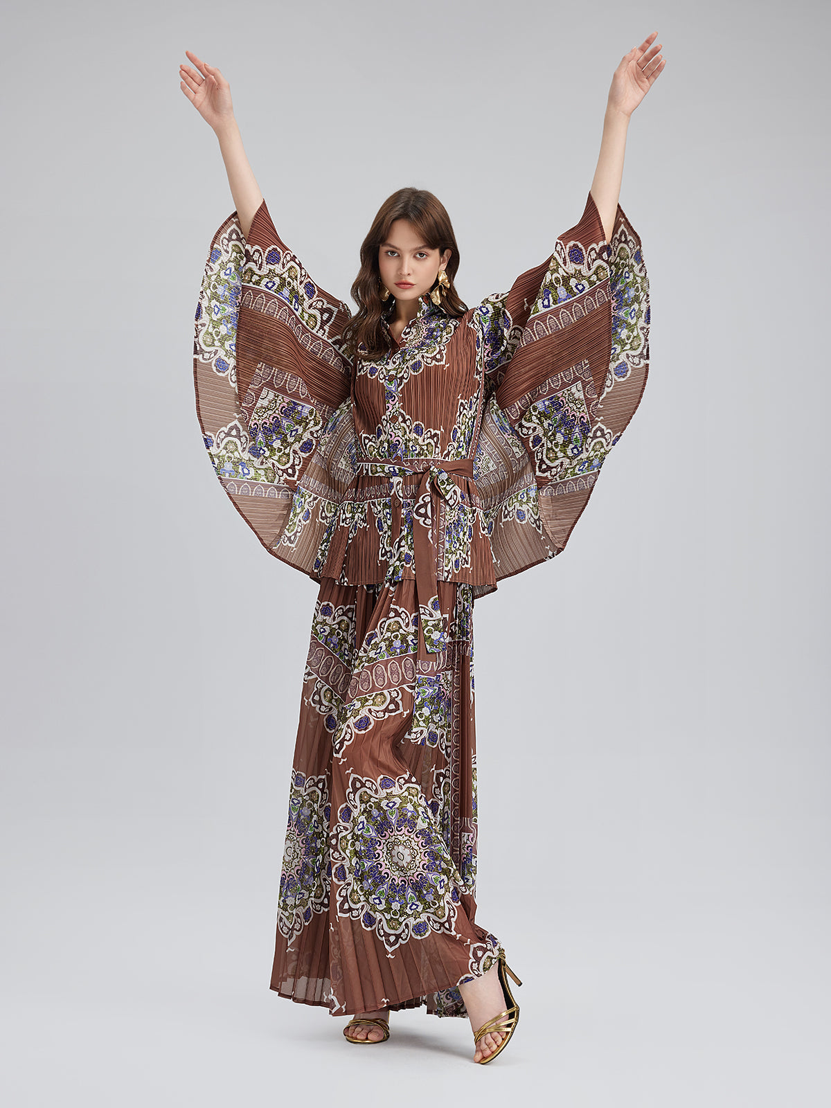 Pleated Print Top & Wide-Leg Pants Set