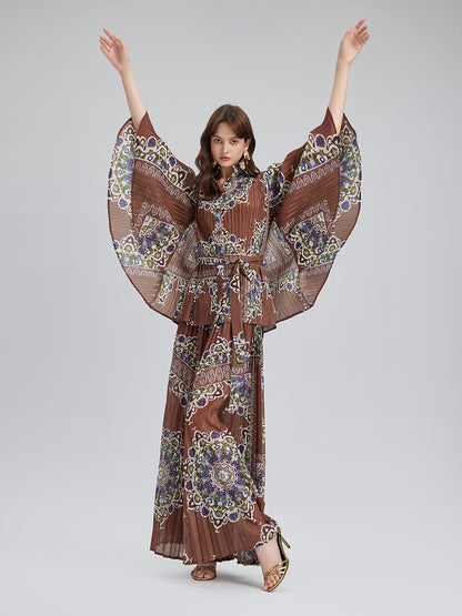 Pleated Print Top & Wide-Leg Pants Set