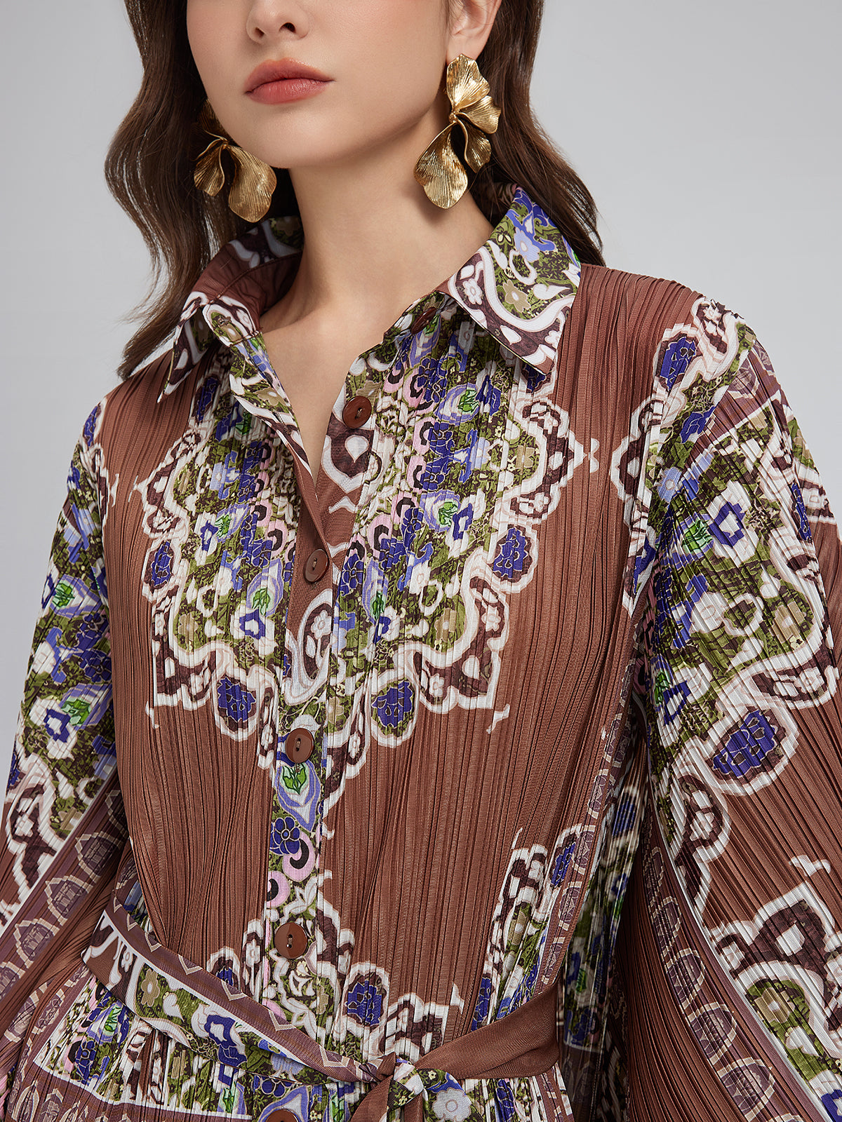 Pleated Print Top & Wide-Leg Pants Set