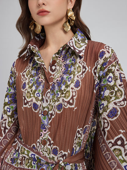 Pleated Print Top & Wide-Leg Pants Set