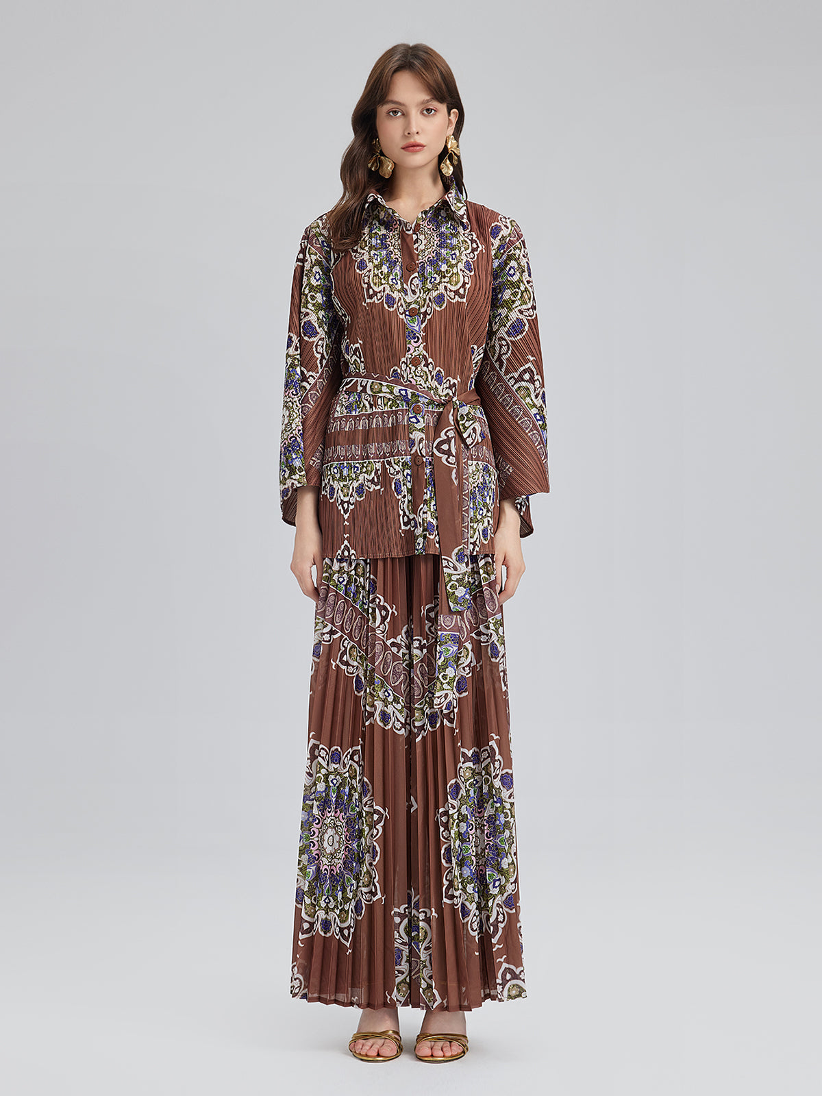 Pleated Print Top & Wide-Leg Pants Set