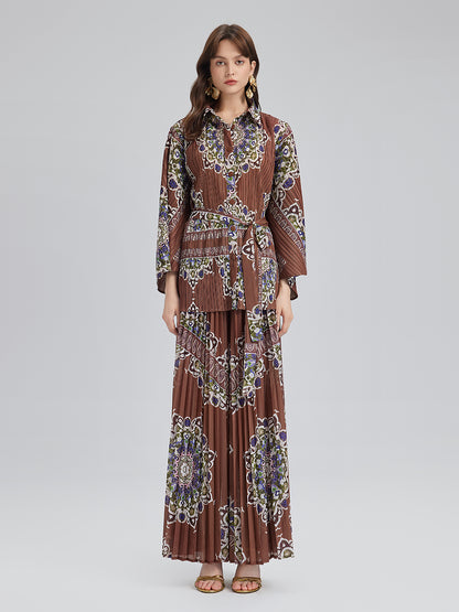 Pleated Print Top & Wide-Leg Pants Set