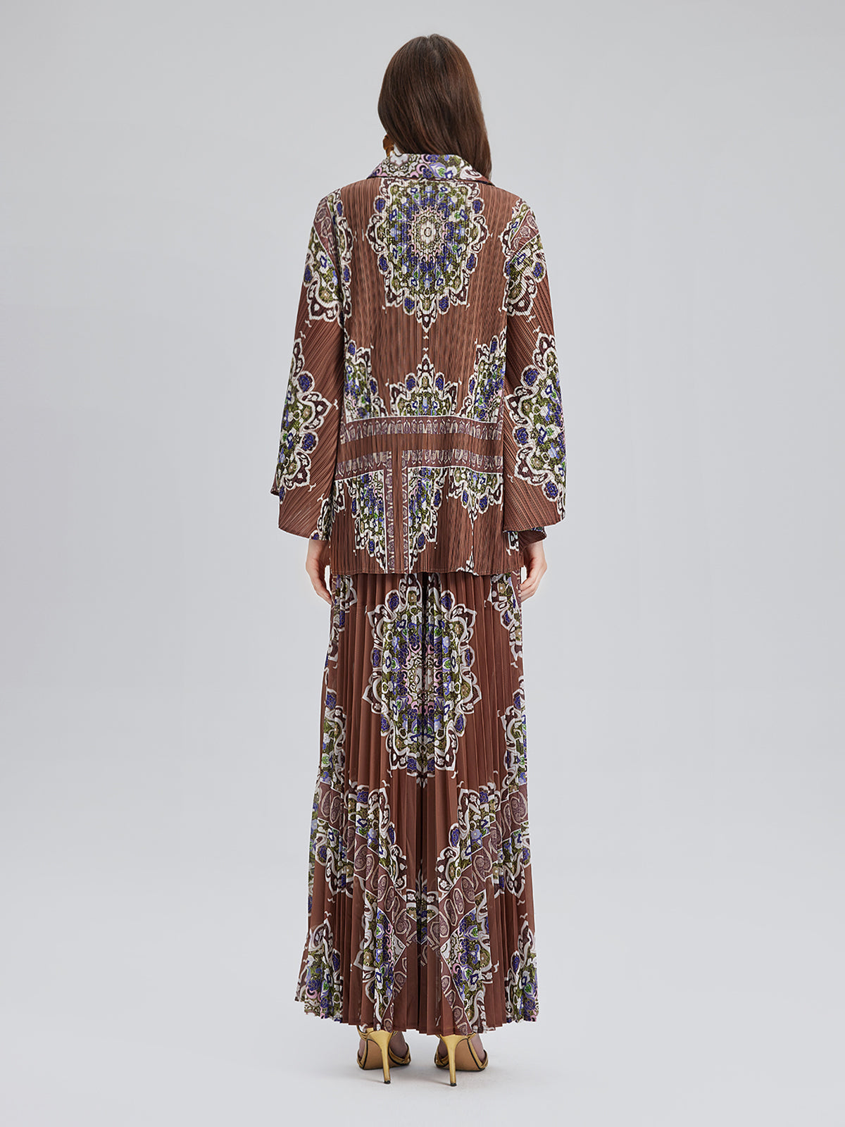 Pleated Print Top & Wide-Leg Pants Set