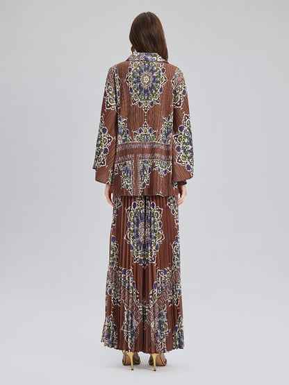 Pleated Print Top & Wide-Leg Pants Set