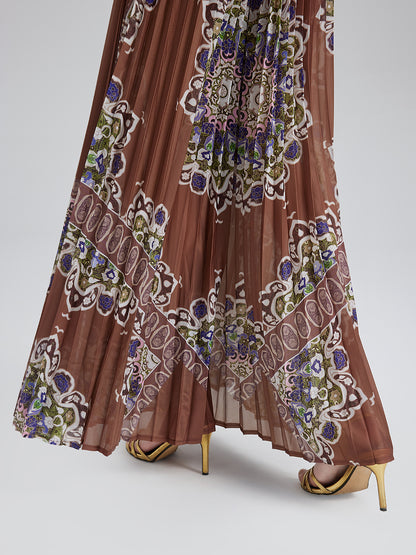 Pleated Print Top & Wide-Leg Pants Set