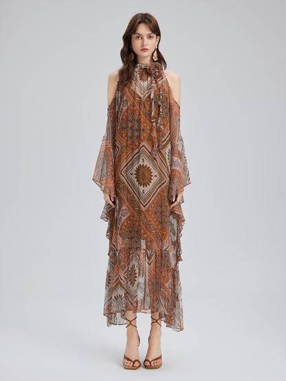 Beaded Silk Bohemian Print Dress