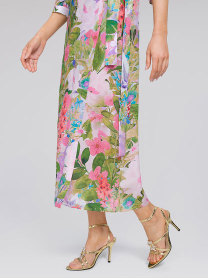 100% Silk Artistic Print V-neck Wrap Dress