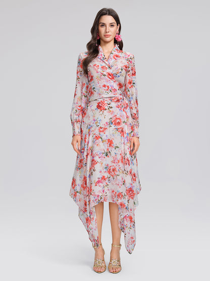 Silk Floral Asymmetric Hem Skirt