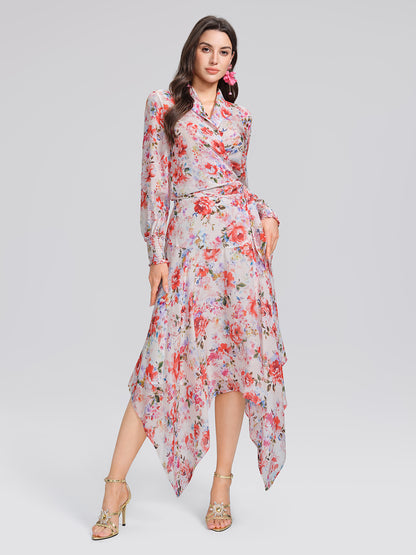 Silk Floral Asymmetric Hem Skirt