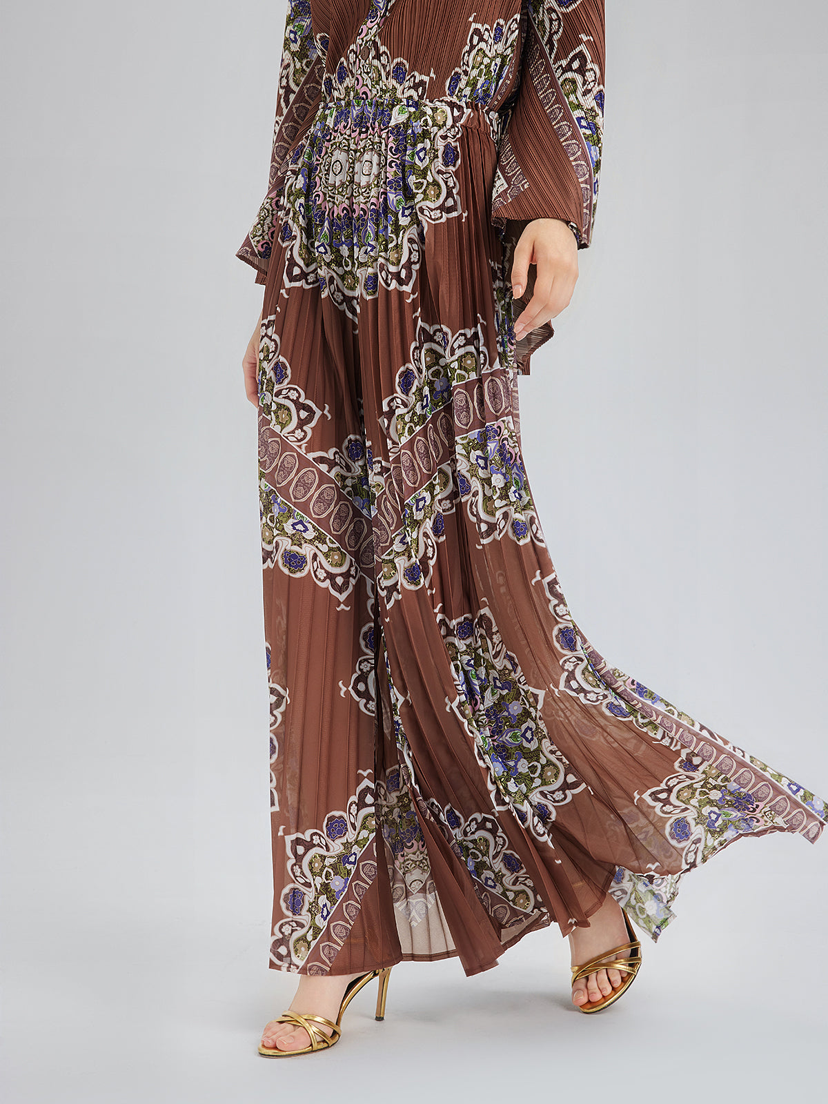 Pleated Print Top & Wide-Leg Pants Set