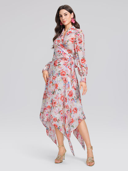 Silk Floral Asymmetric Hem Skirt