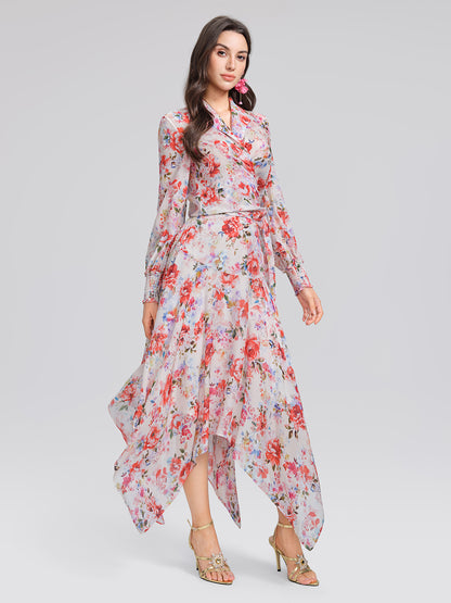 Silk Floral Asymmetric Hem Skirt