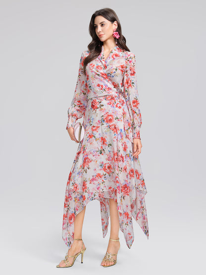 Silk Floral Asymmetric Hem Skirt