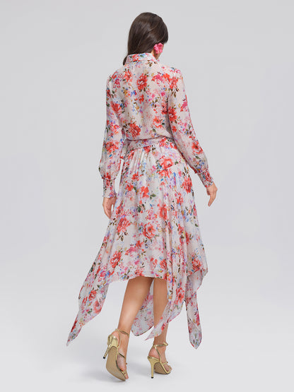 Silk Floral Asymmetric Hem Skirt
