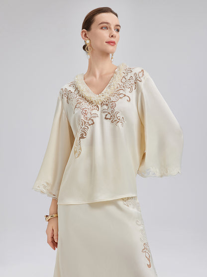 Embroidered Cutout Minimalist Long-Sleeve Top