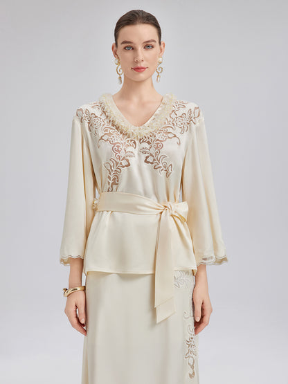 Embroidered Cutout Minimalist Long-Sleeve Top