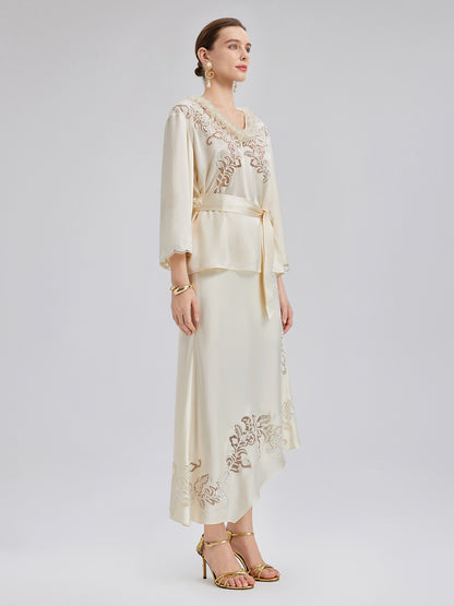 Embroidered Cutout Fitted Midi Skirt