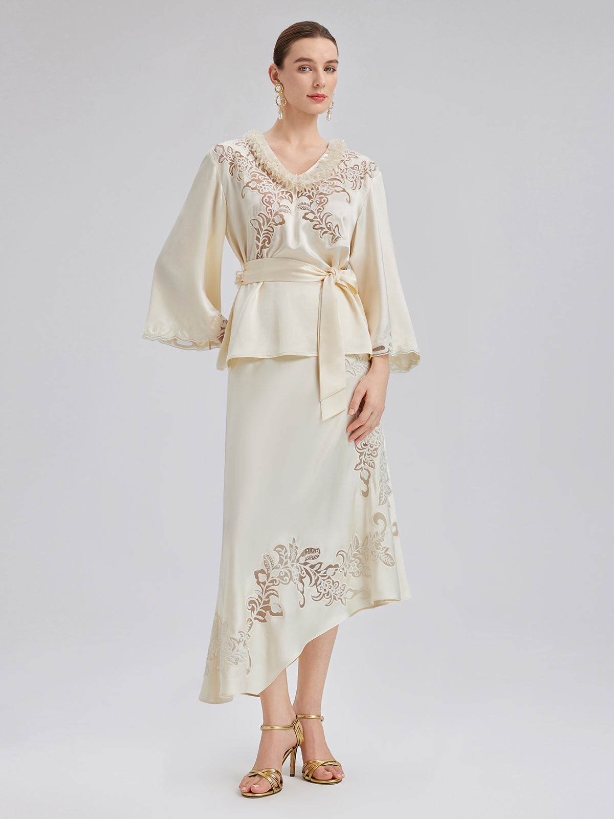 Embroidered Cutout Fitted Midi Skirt