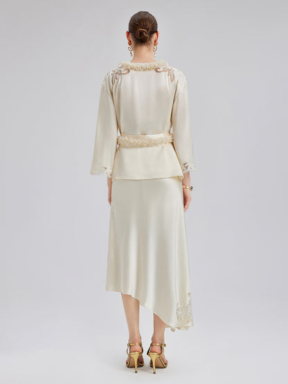 Embroidered Cutout Fitted Midi Skirt