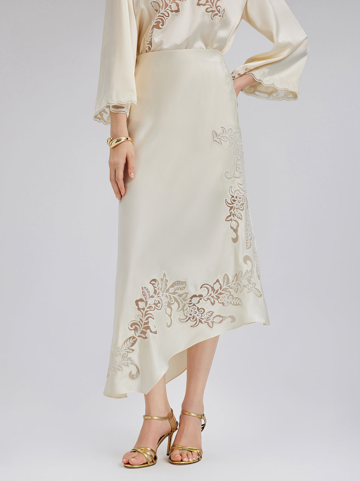 Embroidered Cutout Fitted Midi Skirt