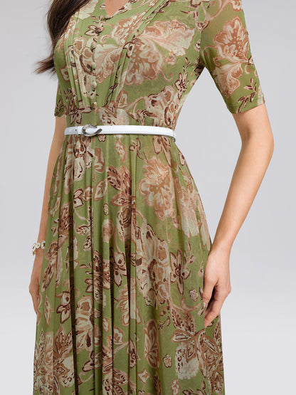 Stretch Print V-neck Pleated Belted Flare Dress (Belt Included)