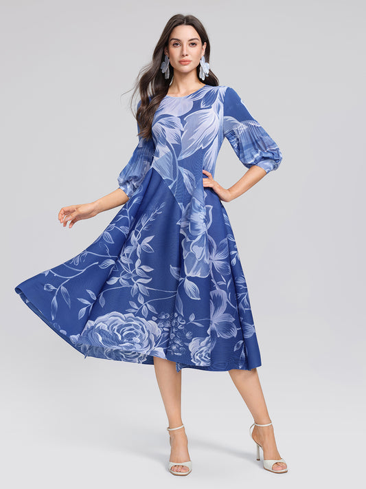 Pleated Print Lantern Sleeve Maxi Dress