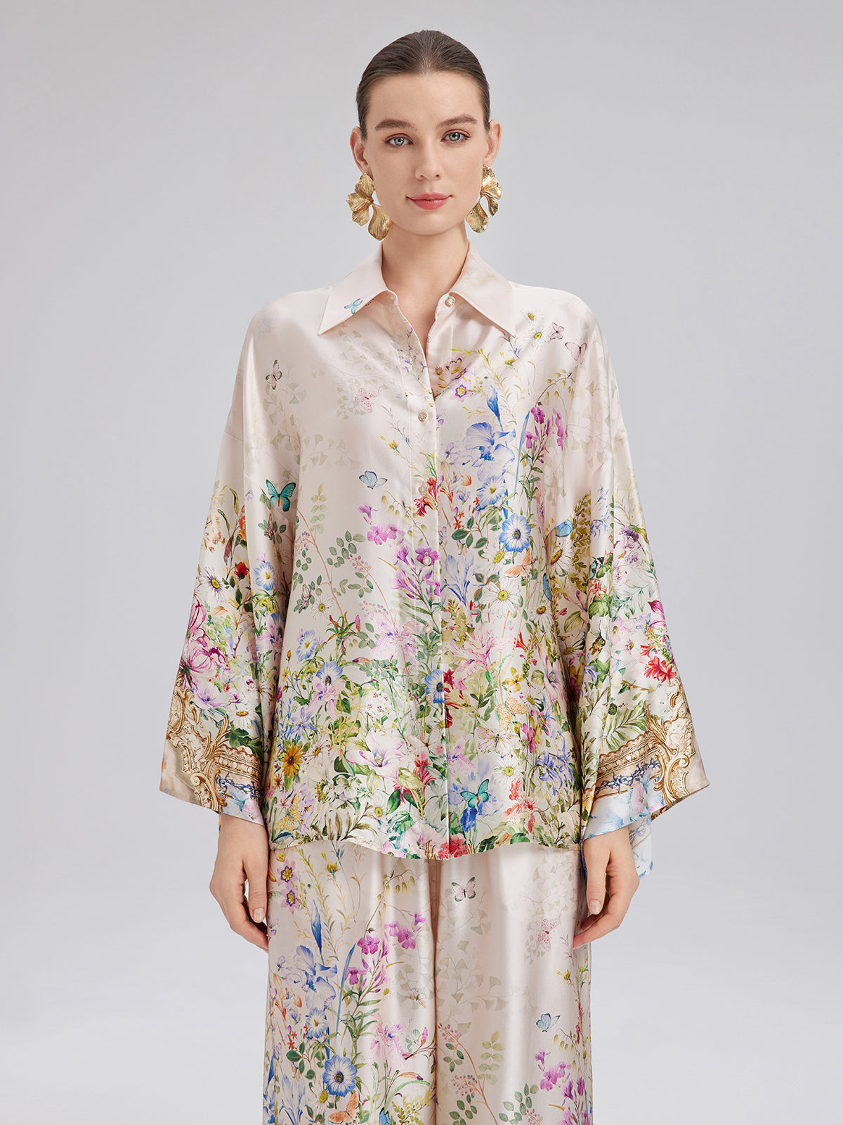 Silk Satin Floral Print Shirt (100% Silk)