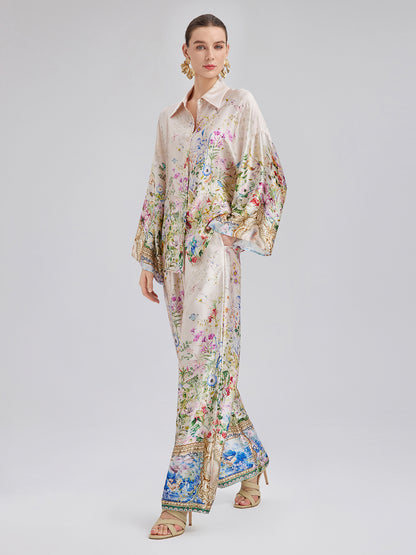 Silk Satin Floral Print Shirt (100% Silk)