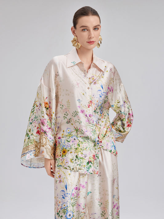 Silk Satin Floral Print Shirt (100% Silk)