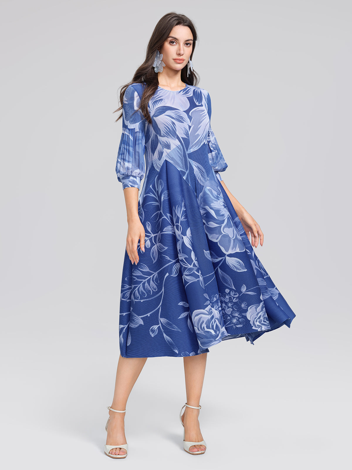 Pleated Print Lantern Sleeve Maxi Dress
