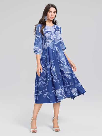 Pleated Print Lantern Sleeve Maxi Dress
