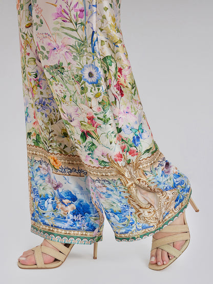 Silk Satin Floral Print Pants (100% Silk)
