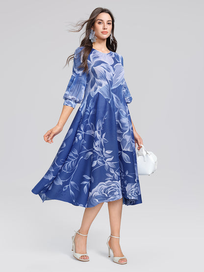 Pleated Print Lantern Sleeve Maxi Dress