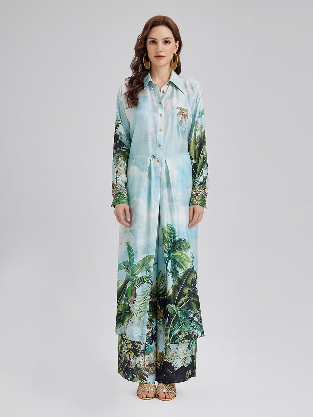 Silk Palm Print Tie Shirt