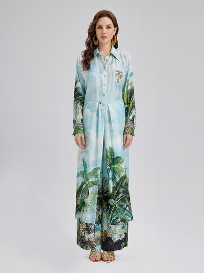 Silk Palm Print Tie Shirt
