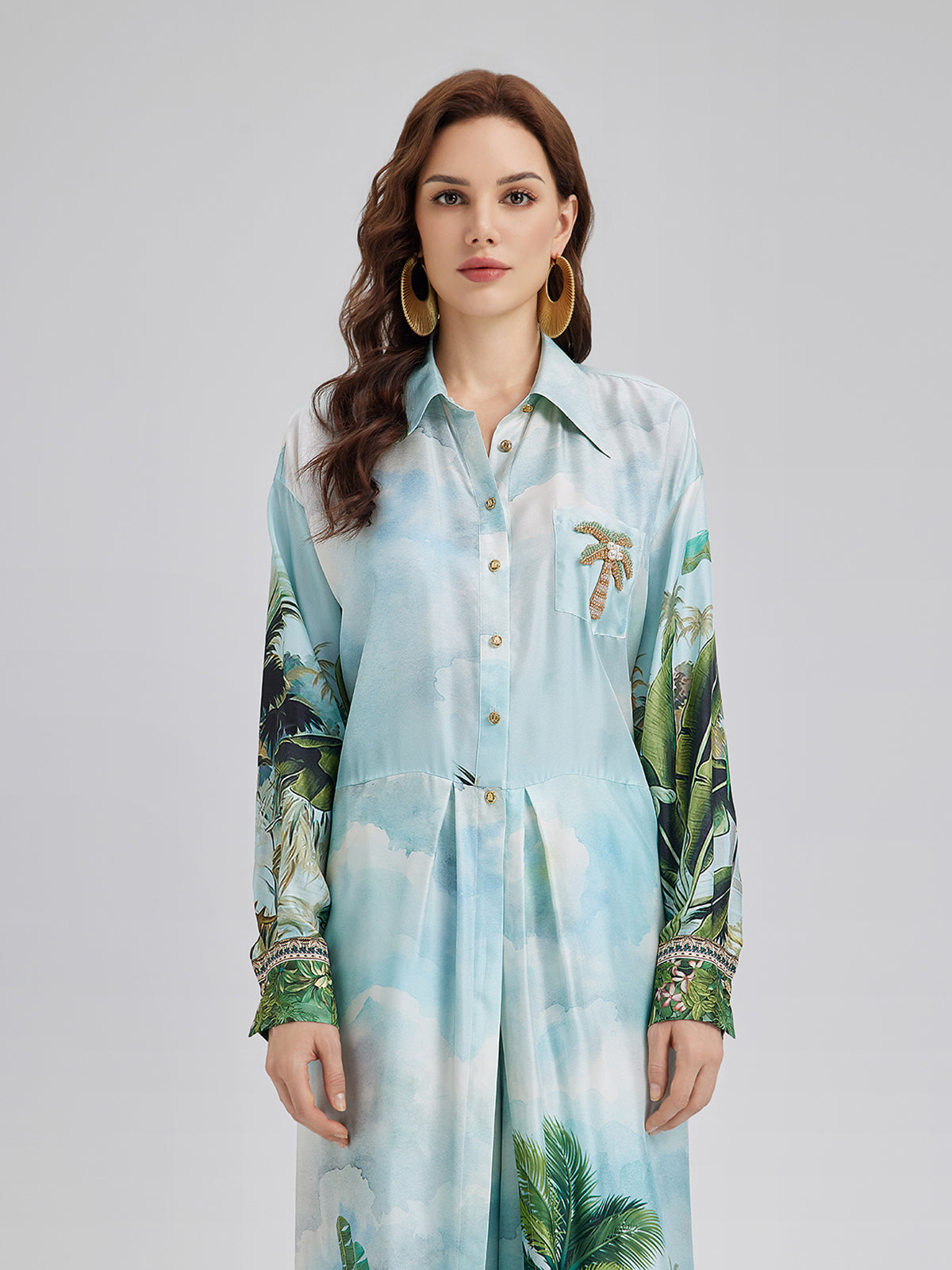 Silk Palm Print Tie Shirt